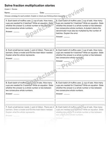 Solve fraction multiplication stories — Review — Grade 4 worksheet preview