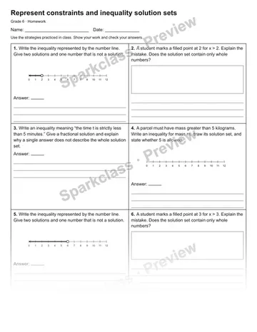 Represent constraints and inequality solution sets — Homework — Grade 6 worksheet preview