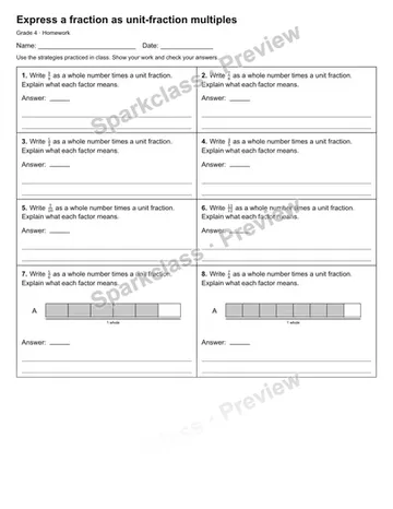 Express a fraction as unit-fraction multiples — Homework — Grade 4 worksheet preview