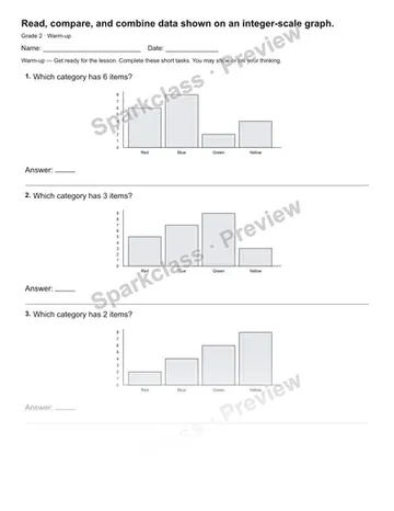 Read, compare, and combine data shown on an integer-scale graph. — Warm-up — Grade 2 worksheet preview