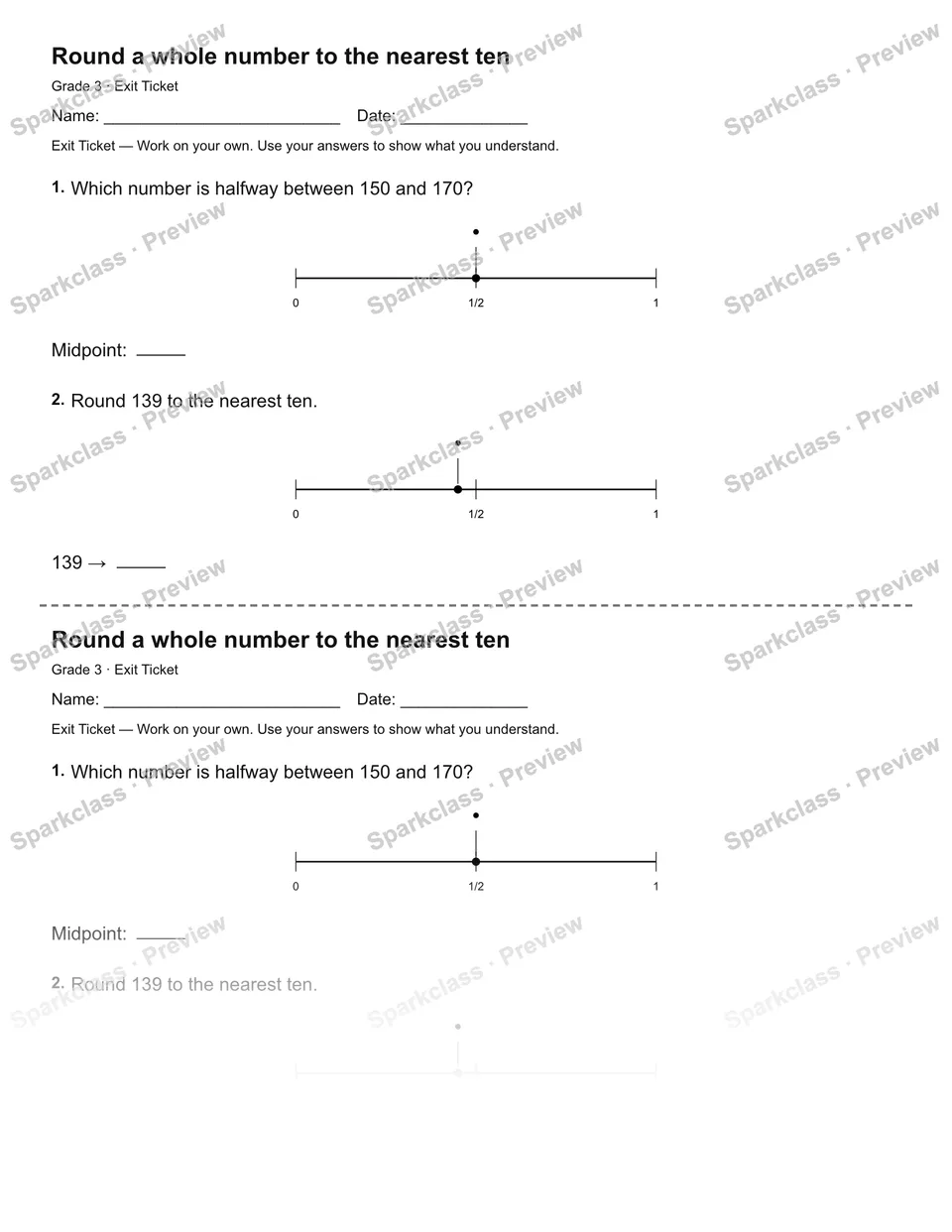 Round a whole number to the nearest ten — Exit Ticket — page 1