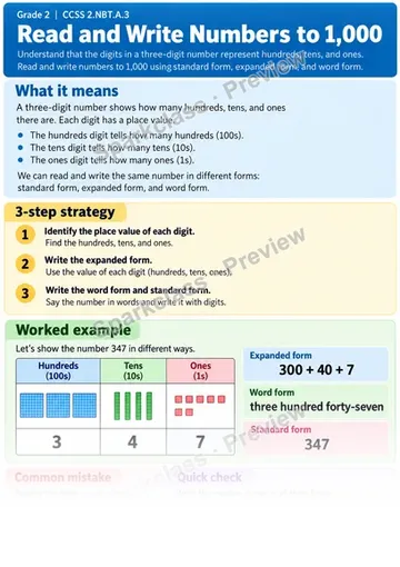 Knowledge Guide · Read and Write Numbers to 1,000 — Grade 2 worksheet preview