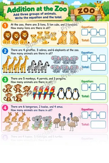 Zoo Three Addends — Grade 1 worksheet preview