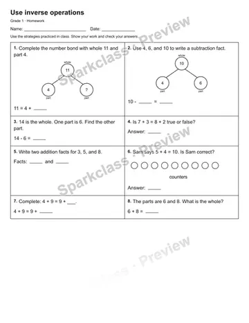 Use inverse operations — Homework — Grade 1 worksheet preview