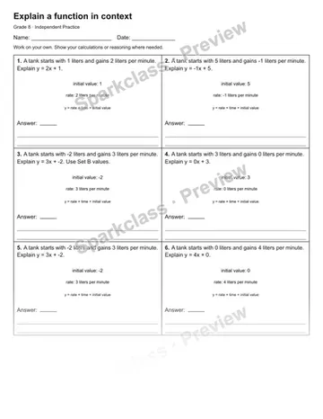 Explain a function in context — Independent Practice — Grade 8 worksheet preview