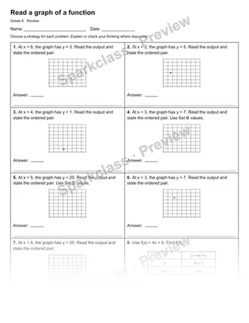 Read a graph of a function — Review — Grade 8 worksheet preview