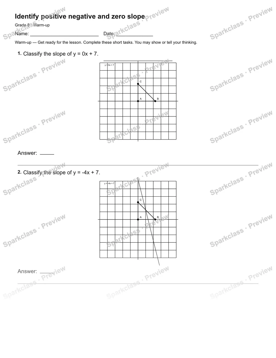 Identify positive negative and zero slope — Warm-up — page 1