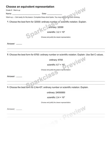Choose an equivalent representation — Warm-up — Grade 8 worksheet preview