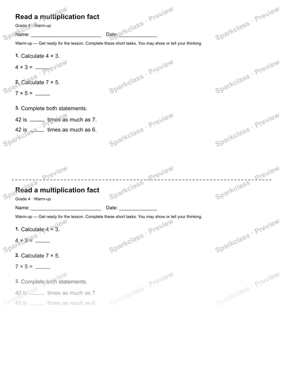 Read a multiplication fact — Warm-up — page 1