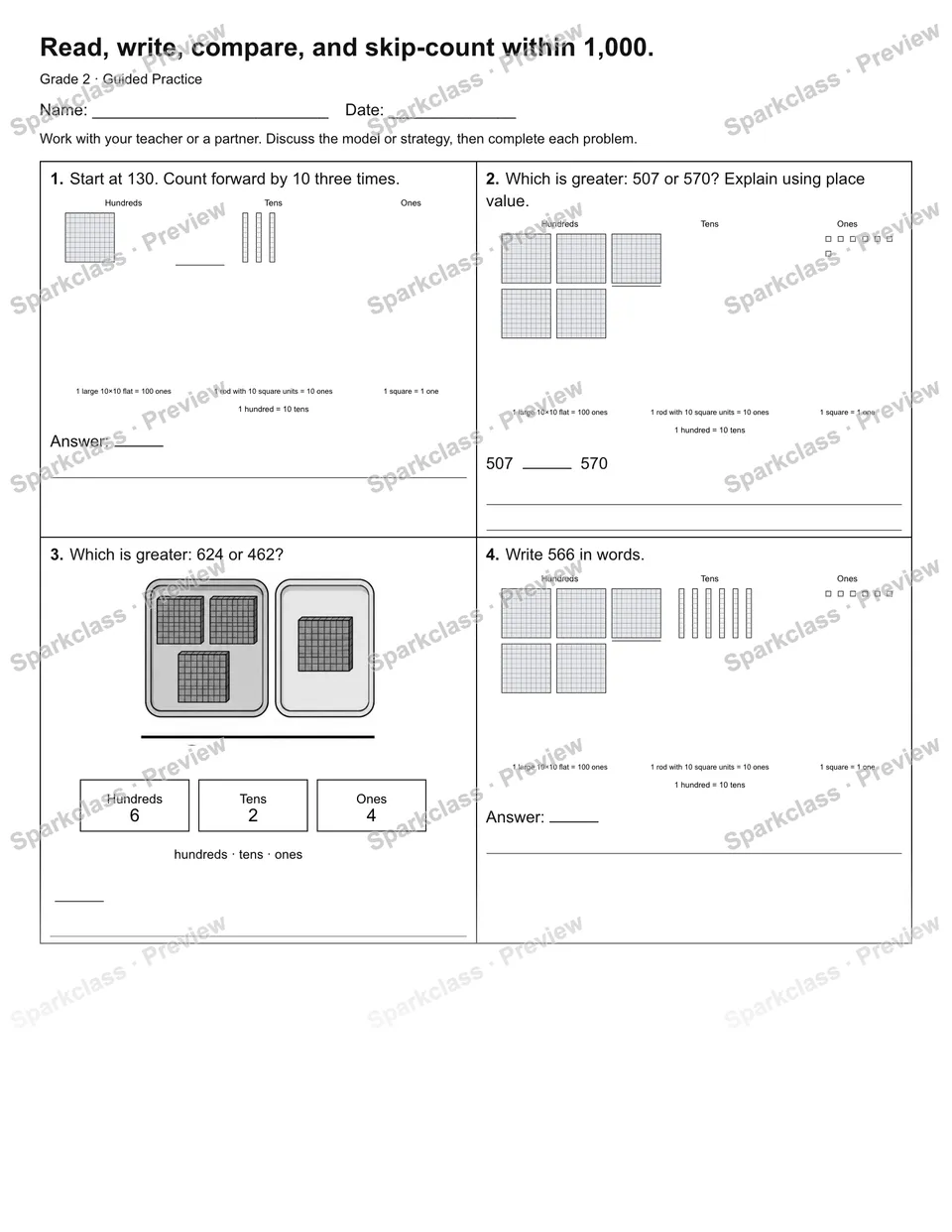 Read, write, compare, and skip-count within 1,000. — Guided Practice — page 1
