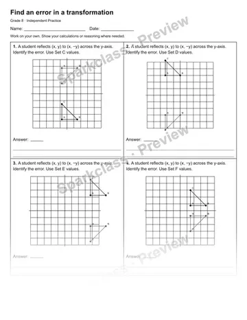 Find an error in a transformation — Independent Practice — Grade 8 worksheet preview