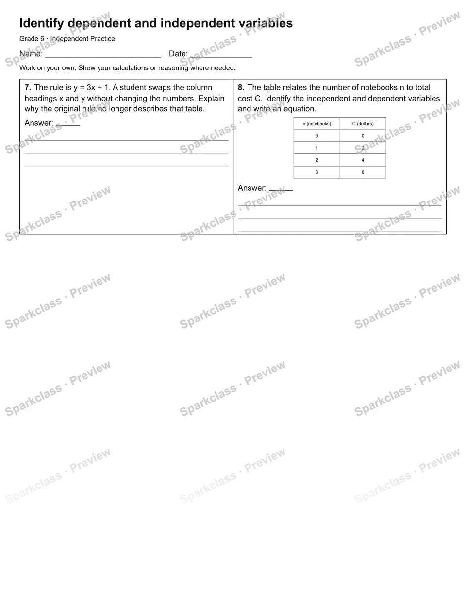 Identify dependent and independent variables — Independent Practice — page 2