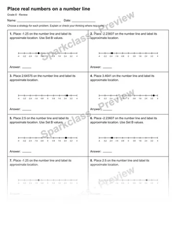 Place real numbers on a number line — Review — Grade 8 worksheet preview