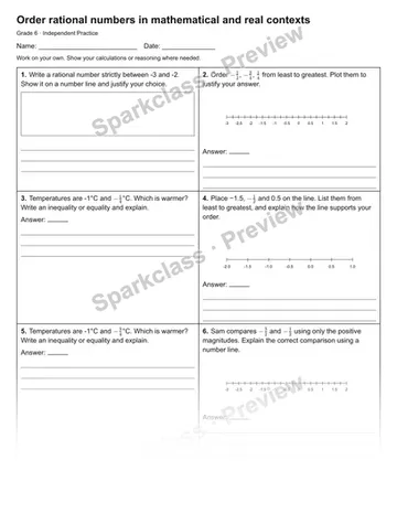 Order rational numbers in mathematical and real contexts — Independent Practice — Grade 6 worksheet preview