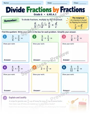 Divide Fractions — Grade 6 worksheet preview