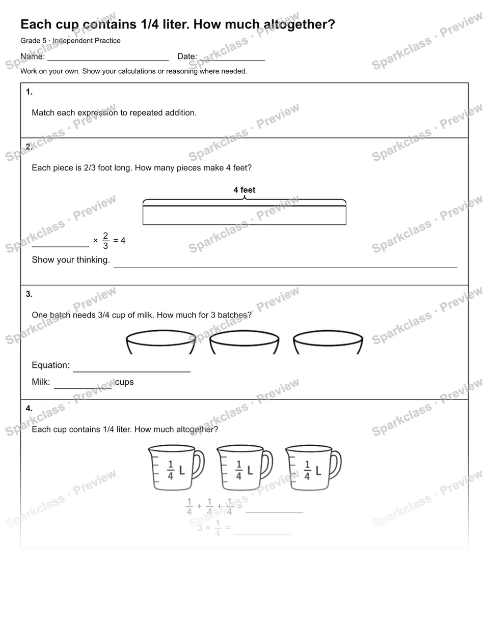 Each cup contains 1/4 liter. How much altogether? — Independent Practice — page 1