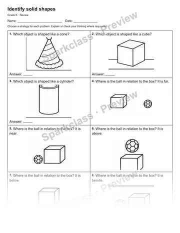Identify solid shapes — Review — Kindergarten worksheet preview