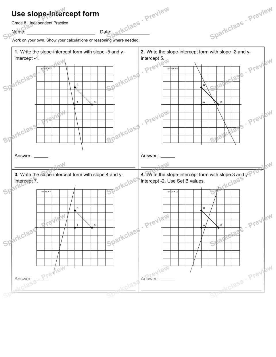 Use slope-intercept form — Independent Practice — page 1
