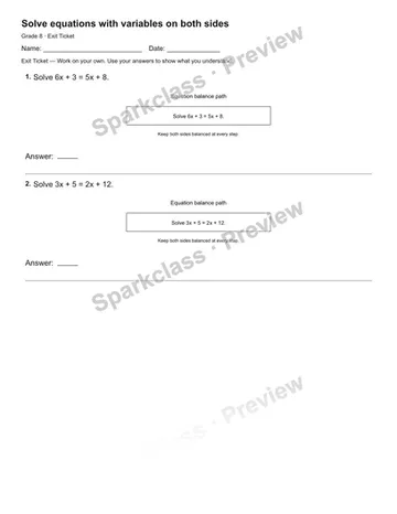 Solve equations with variables on both sides — Exit Ticket — Grade 8 worksheet preview