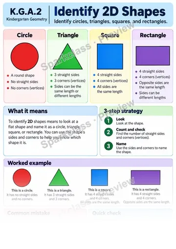Knowledge Guide · Identify 2D Shapes — Kindergarten worksheet preview