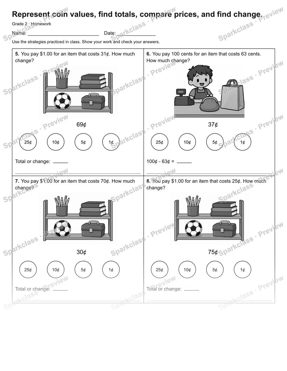 Represent coin values, find totals, compare prices, and find change. — Homework — page 2
