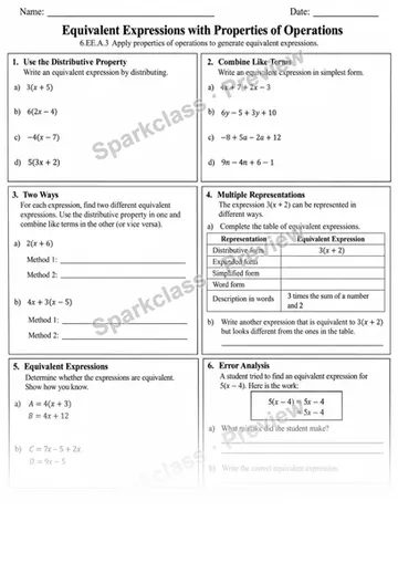 3 Equivalent Expressions Variant 2 — Grade 6 worksheet preview
