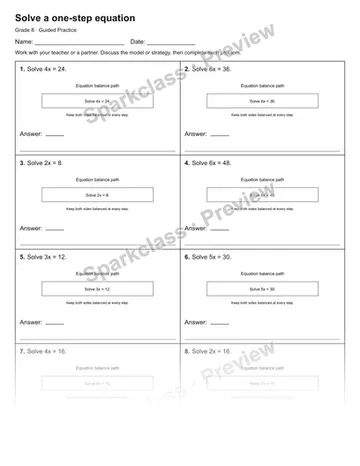 Solve a one-step equation — Guided Practice — Grade 8 worksheet preview