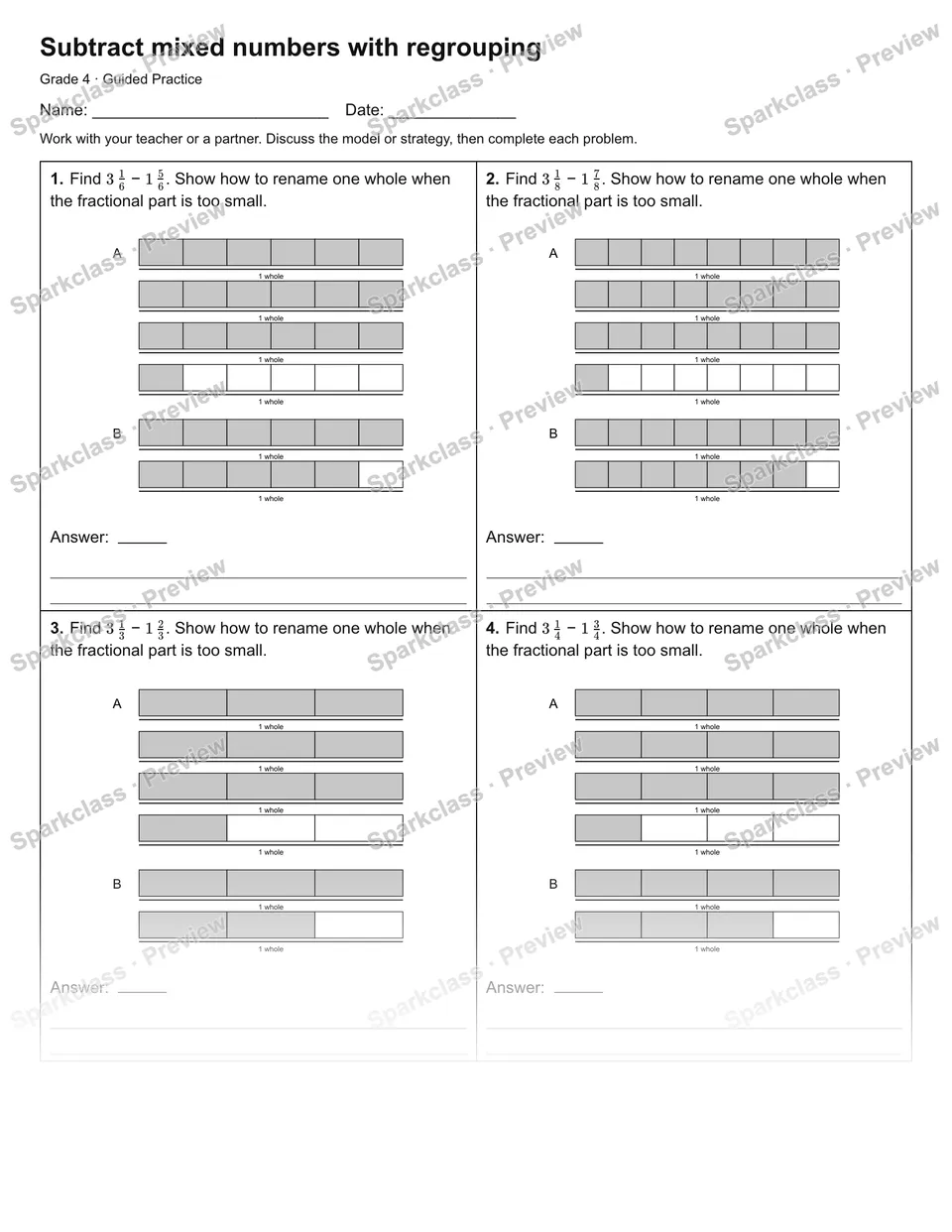 Subtract mixed numbers with regrouping — Guided Practice — page 1