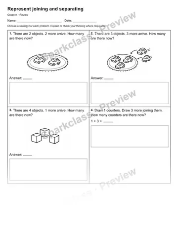 Represent joining and separating — Review — Kindergarten worksheet preview
