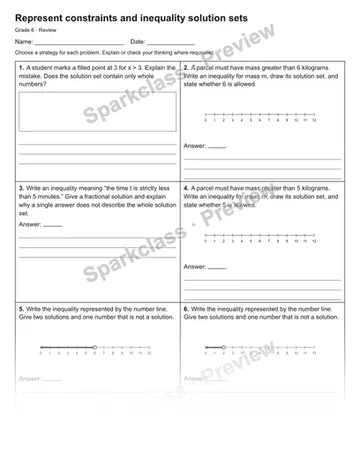 Represent constraints and inequality solution sets — Review — Grade 6 worksheet preview