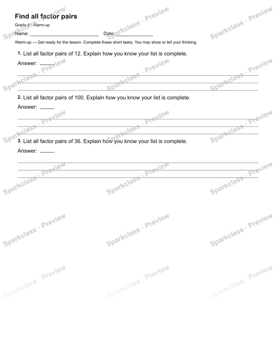 Find all factor pairs — Warm-up — page 2