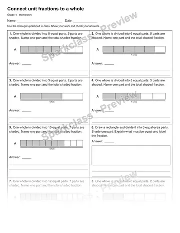 Connect unit fractions to a whole — Homework — Grade 4 worksheet preview