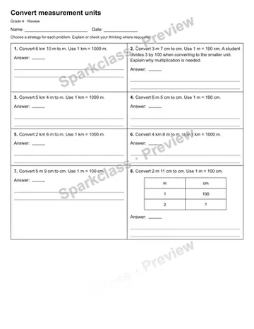 Convert measurement units — Review — Grade 4 worksheet preview