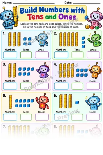 Build Numbers Tens Ones Robots — Grade 1 worksheet preview