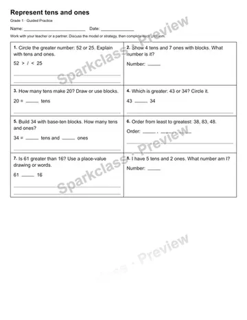 Represent tens and ones — Guided Practice — Grade 1 worksheet preview