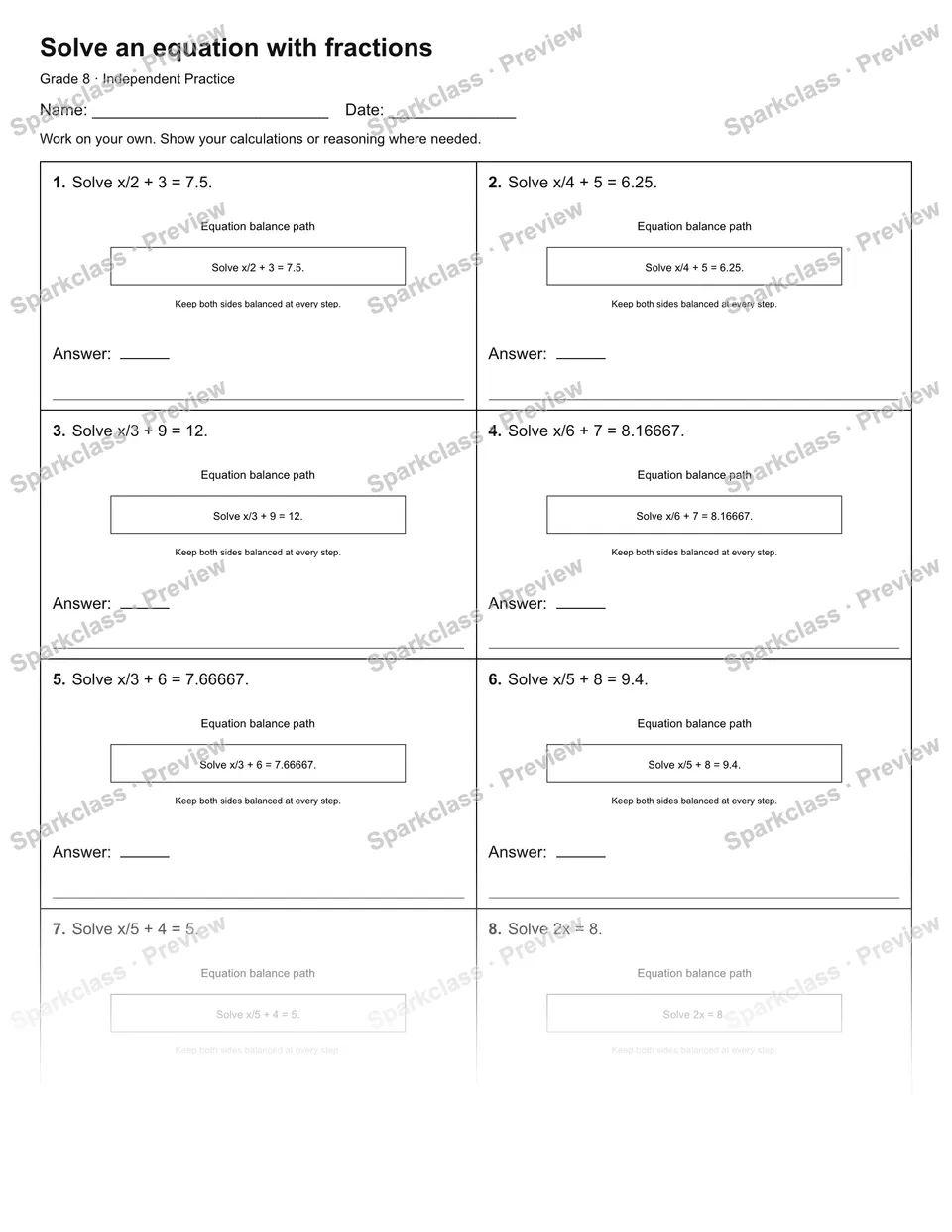 Solve an equation with fractions — Independent Practice — page 1