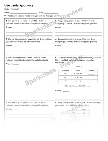 Use partial quotients — Homework — Grade 4 worksheet preview