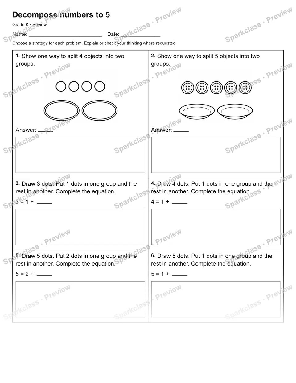 Decompose numbers to 5 — Review — page 1