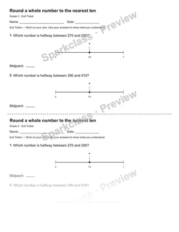 Round a whole number to the nearest ten — Exit Ticket — Grade 3 worksheet preview