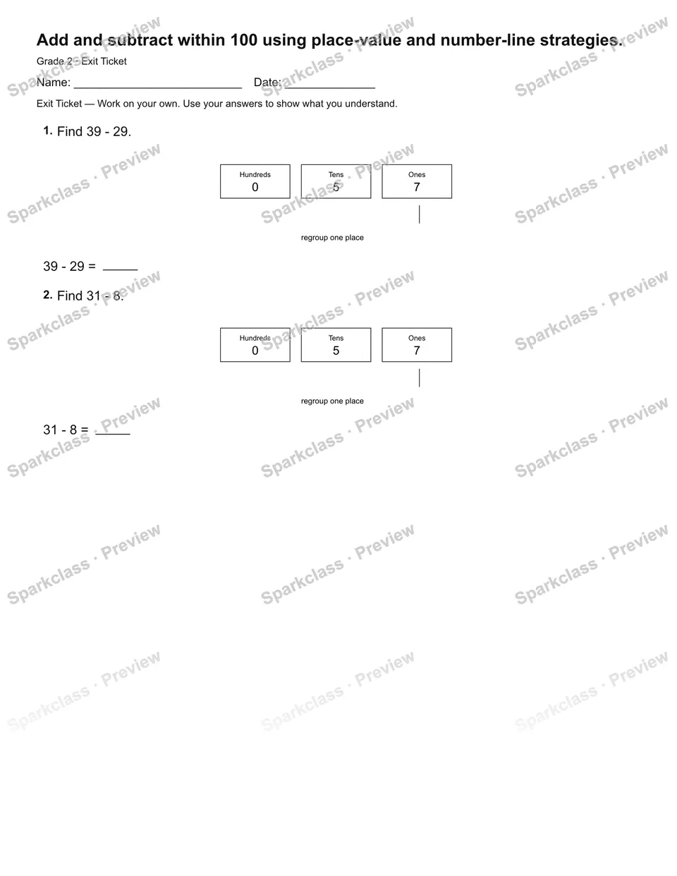 Add and subtract within 100 using place-value and number-line strategies. — Exit Ticket — page 2