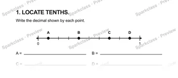 1. LOCATE TENTHS. Write the decimal shown by each point. 0 1 A B C D A = B = C = D = — Grade 5 problem preview