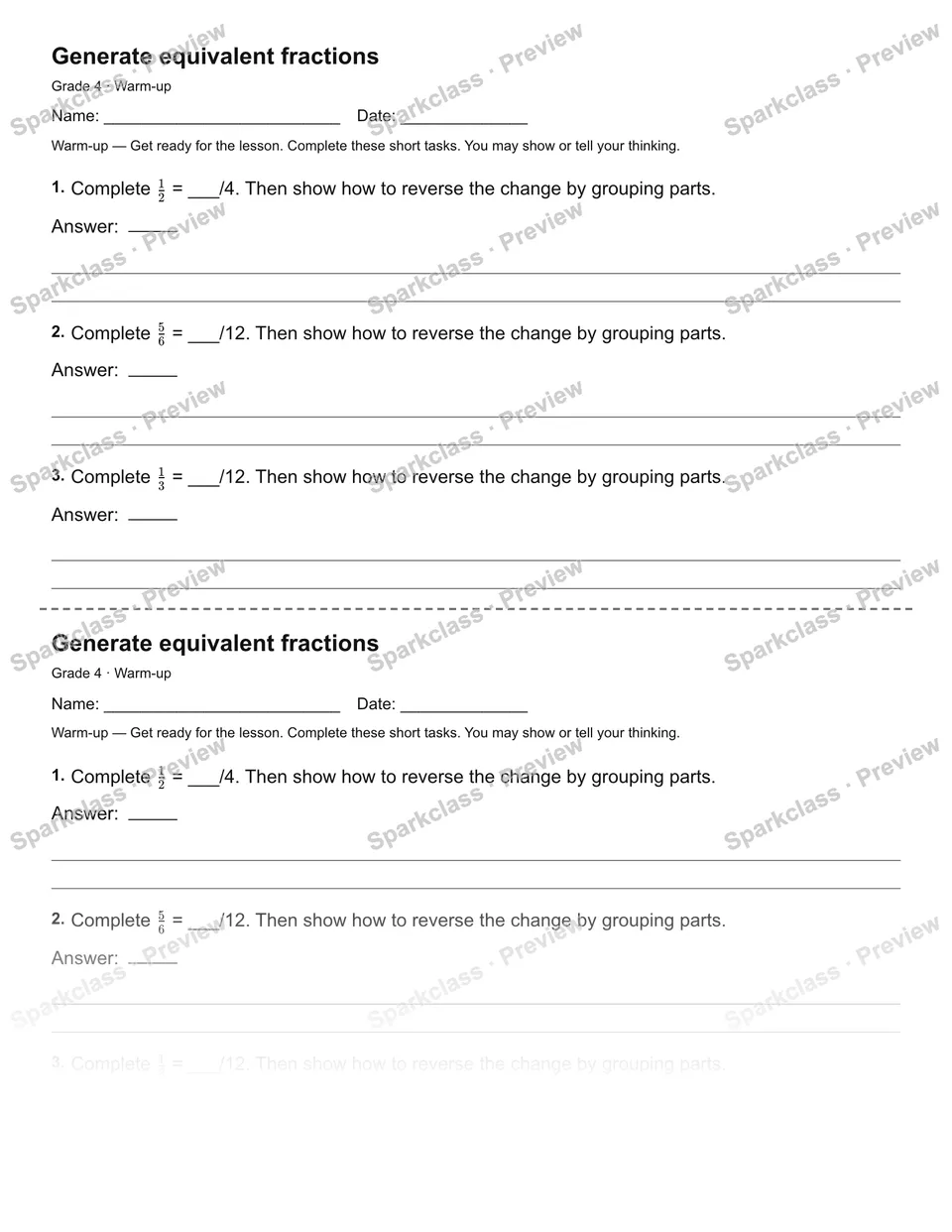 Generate equivalent fractions — Warm-up — page 1