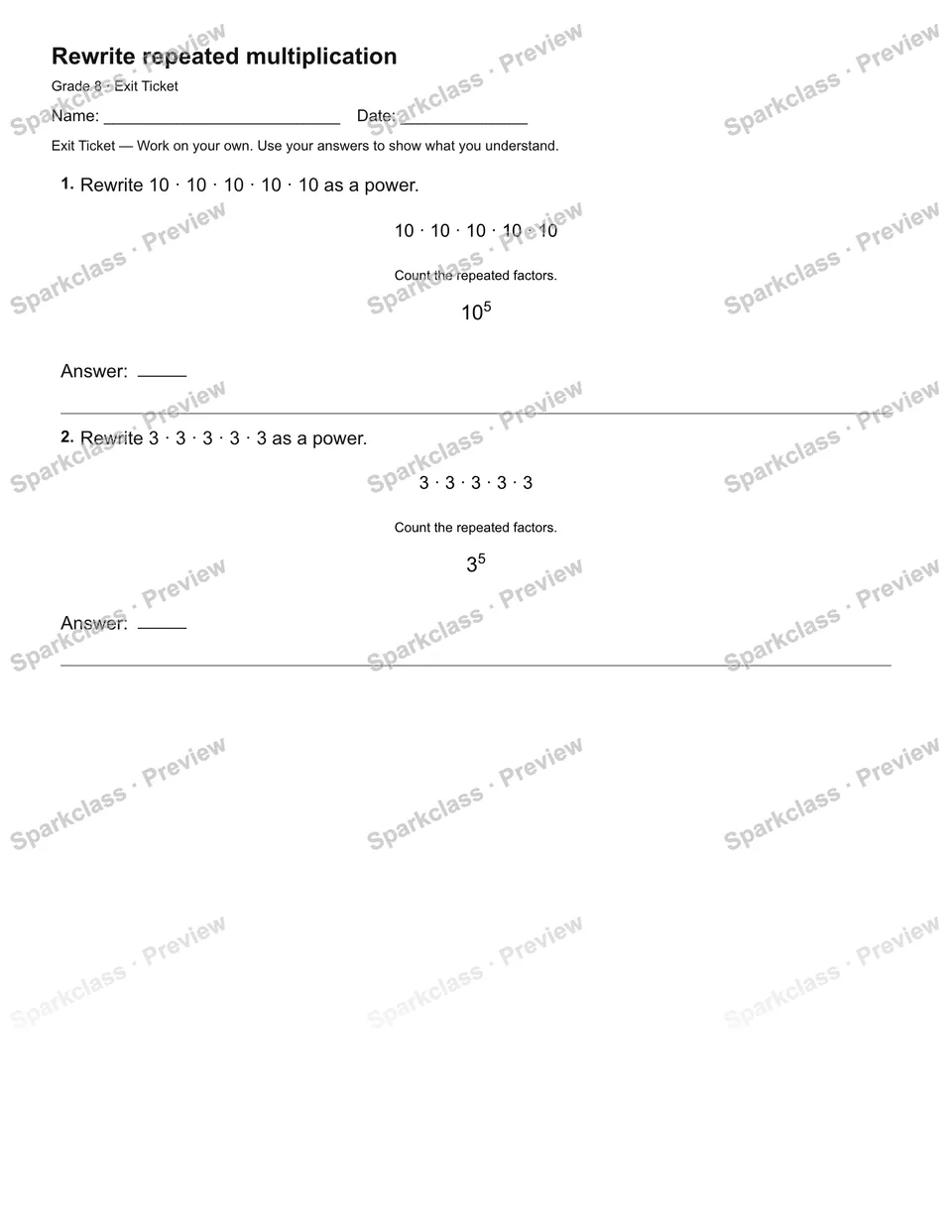 Rewrite repeated multiplication — Exit Ticket — page 2