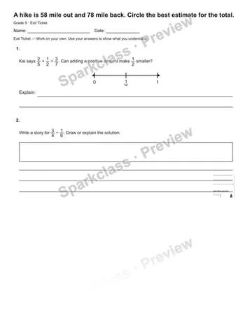 A hike is 58 mile out and 78 mile back. Circle the best estimate for the total. — Exit Ticket — Grade 5 worksheet preview