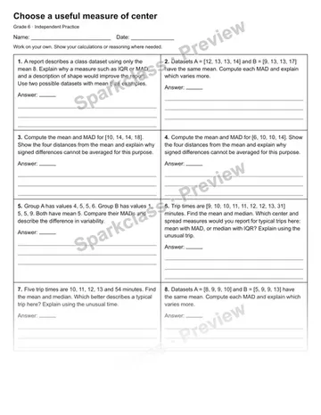 Choose a useful measure of center — Independent Practice — Grade 6 worksheet preview