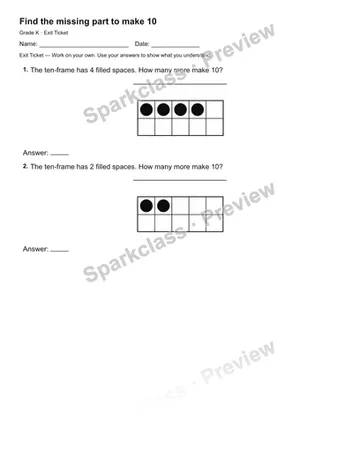 Find the missing part to make 10 — Exit Ticket — Kindergarten worksheet preview