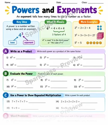 Exponents — Grade 6 worksheet preview