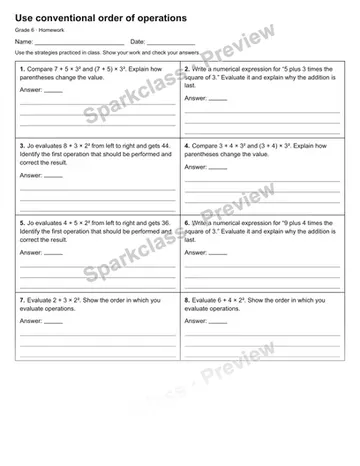 Use conventional order of operations — Homework — Grade 6 worksheet preview
