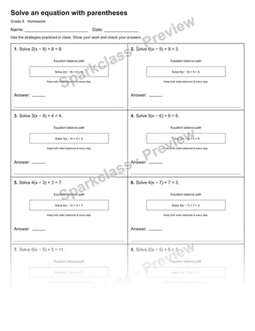 Solve an equation with parentheses — Homework — Grade 8 worksheet preview