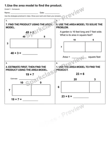 1.Use the area model to find the product. — Homework — Grade 5 worksheet preview
